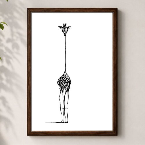 Wallxpert uramljena MDF slika 3752KACT-054, crno-bela žirafa dugog vrata na beloj pozadini, 37 x 52 cm Slike