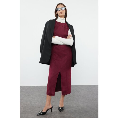 Trendyol Purple Slit Straight Cut Suede Midi Woven Dress Slike