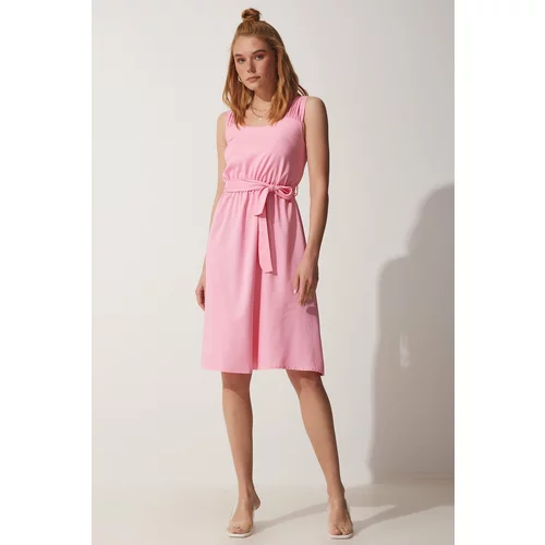 Happiness İstanbul Women's Pink Straps and Belted Summer Airobin Dress