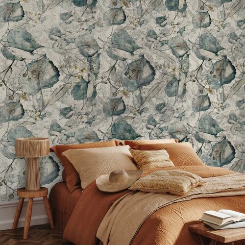  Foto tapeta - Autumn souvenirs - cool grey floral pattern with leaves 392x280 Slike