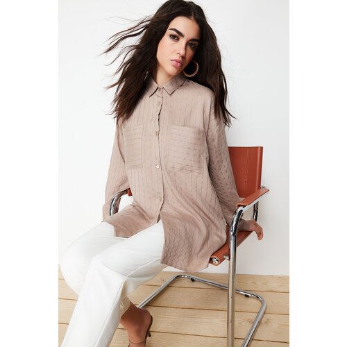 Trendyol Beige Glitter Striped Woven Shirt Slike