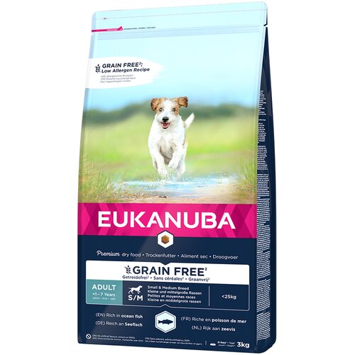 Eukanuba Grain Free Adult Small / Medium Breed z oceanskimi ribami - Varčno pakiranje: 2 x 3 kg Cijene
