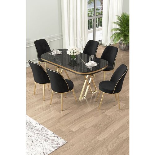 Hanah home Lai - Black Marble, Gold, Black Black MarbleGoldBlack Dining Table & Chairs Set (7 Pieces) Cene