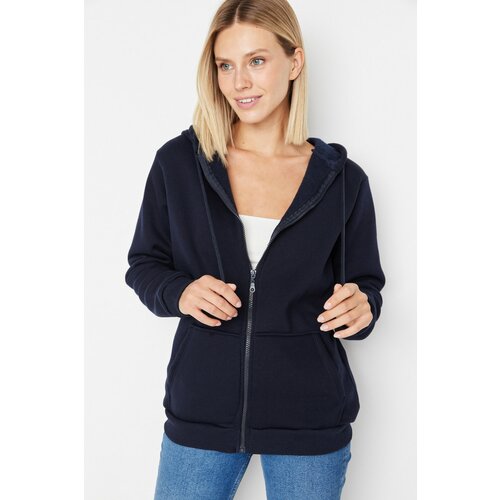 Trendyol Navy Blue Hooded Zipper Boyfriend Knitted Thick Sweatshirt Slike
