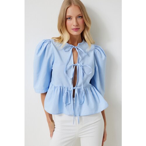 Women's Sky Blue Bow Balloon Sleeve Cotton Poplin Blouse Slike