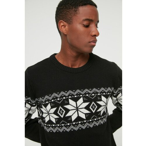 Trendyol black men's slim fit crew neck jacquard paneled knitwear sweater Slike