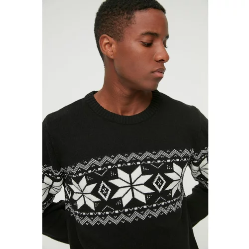 Trendyol Black Men's Slim Fit Crew Neck Jacquard Paneled Knitwear Sweater