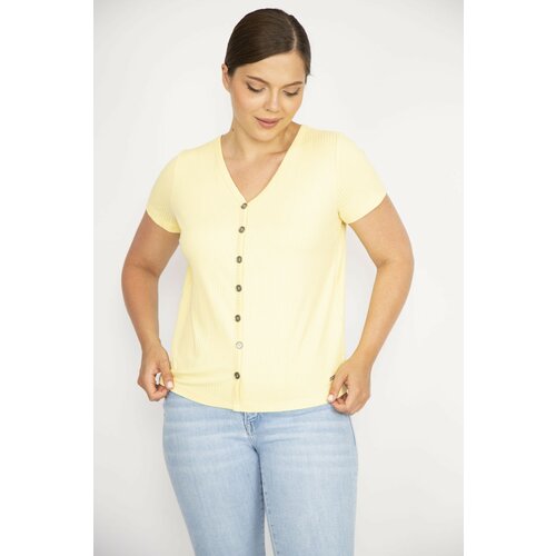 Şans Women's Yellow Plus Size V-Neck Front Decorative Buttoned Camisole Fabric Short Sleeve Blouse Slike
