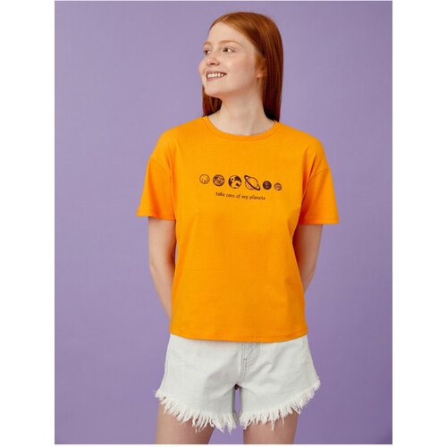 Koton Women&amp;#039;s Orange Printed T-Shirt Short Sleeve Cotton Crew Neck Slike