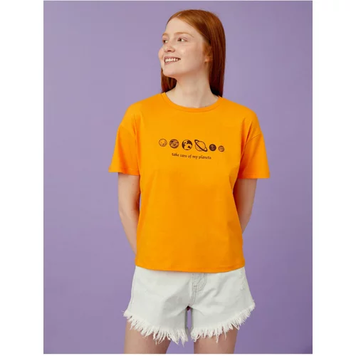 Koton Women's Orange Printed T-Shirt Short Sleeve Cotton Crew Neck