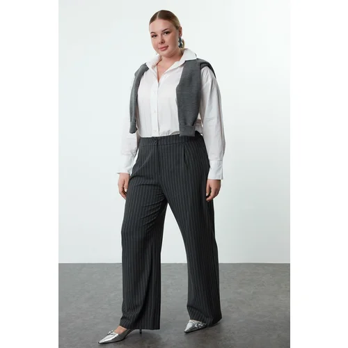 Trendyol Curve Anthracite-White Striped Woven Plus Size Fabric Trousers