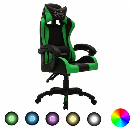 vidaXL racing stol z RGB LED lučkami zeleno in črno umetno usnje