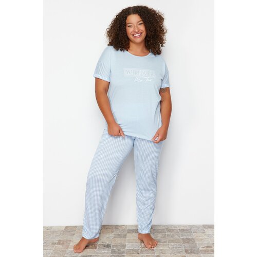 Trendyol Curve Blue Checkered Knitted Pajamas Set Cene