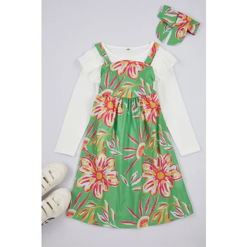 Trendyol Green 3-Piece Girl Floral Patterned Bandana Knitted Dress