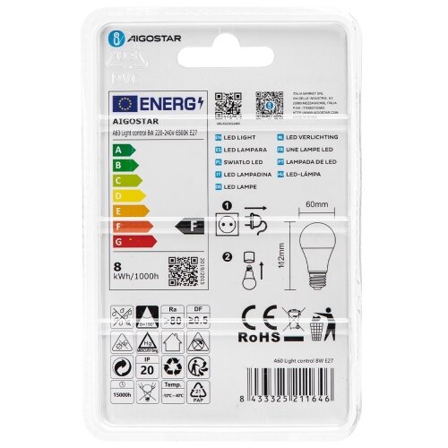 Aigostar LED sijalka s senzorjem svetlobe (dan/noč) E27 A60 8W 6500K Slike