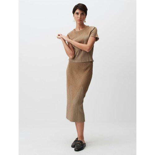 Jimmy Key Dark Beige Line Pattern Pleated Elegant Midi Skirt Slike
