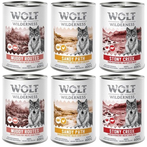 Wolf of Wilderness 10% popust! Mokra pasja hrana Wolf of Wilderness me&amp;scaron;ana pakiranja 6 x 400 g: SENIOR - z veliko sveže perutnine me&amp;scaron;ano pakiranje Slike
