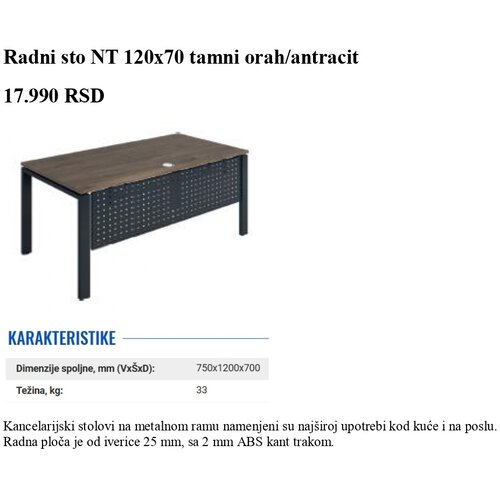 Valberg Radni sto NT 120x70 tamni orah/antracit Slike