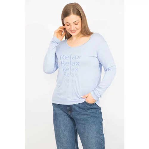 Şans Women's Baby Blue Plus Size Crew Neck Front Printed Blouse