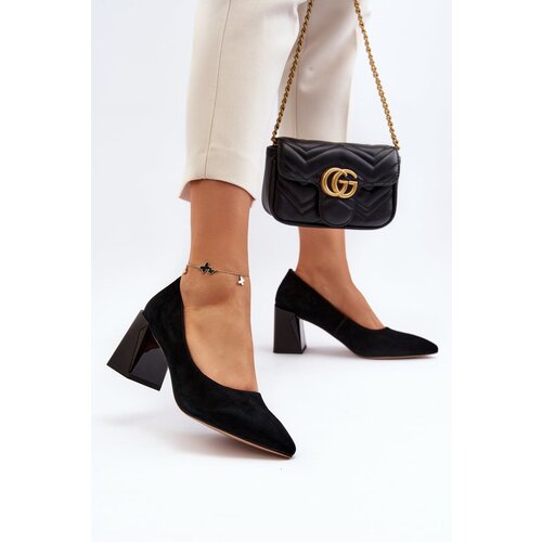 VINCEZA Black Suede Court Shoes with Chunky Heel Alessyndra Cene