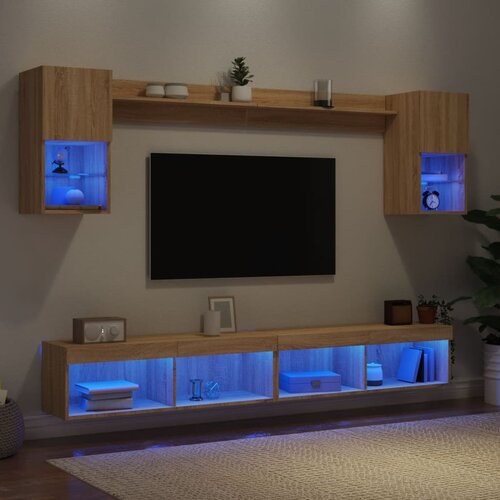  6-dijelni zidni TV elementi s LED svjetlima boja hrasta drveni Cijene