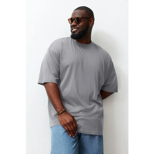 Trendyol Gray Men's Plus Size Oversize Comfortable Basic 100% Cotton T-Shirt