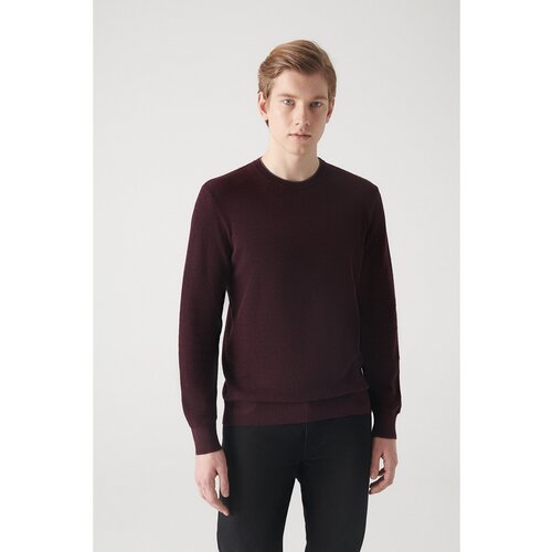 Avva Men's Burgundy Double Collar Detailed Textured Cotton Standard Fit Regular Cut Knitwear Sweater Cene