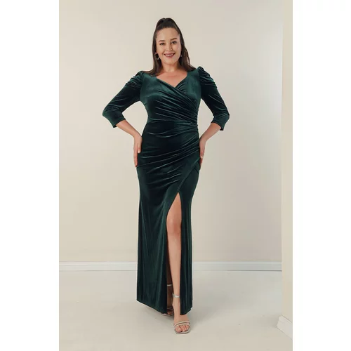 By Saygı Plus Size Corduroy Long Dress with Double Breasted Collar and Draping in the Front