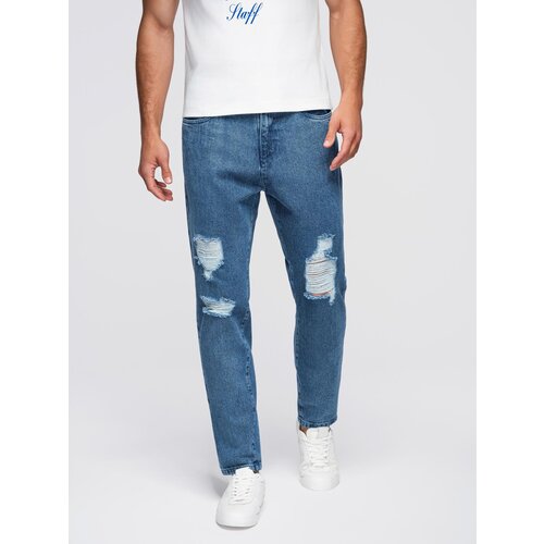 Ombre Men&amp;#039;s denim joggers with asymmetrical stitching - blue Slike