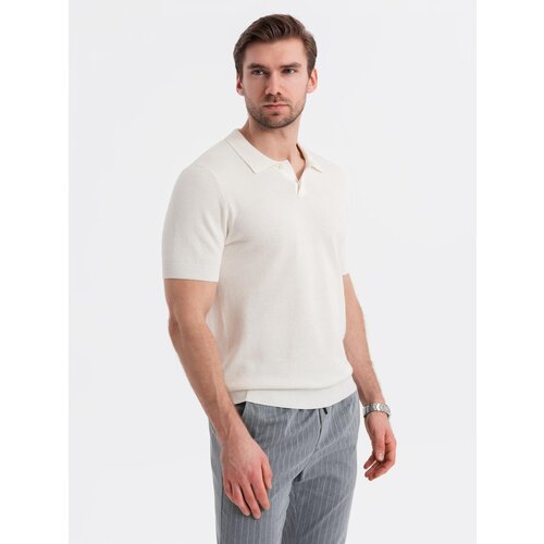 Ombre Men's cotton structured knit polo shirt - broken white Cene