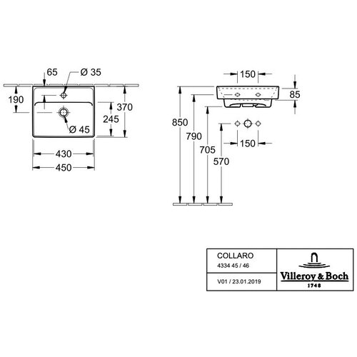 Villeroy Boch 43344501 Collaro 45 x 37 cm keramični umivalnik z odprtino za armaturo Slike