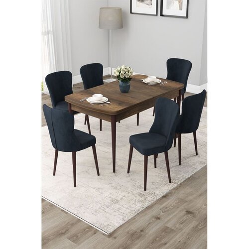 Hanah home trpezarijski set Due, sto na razvlačenje i 6 stolica, ploča u dekoru drveta Baroque, antracit tkanina Babyface Cene