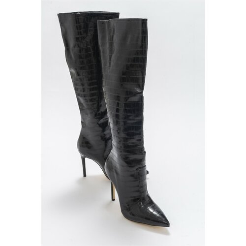 LuviShoes Women's Navy Black Printed Heeled Boots Cene