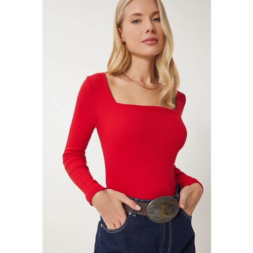  Women's Red Square Collar Corduroy Knitted Blouse Cene