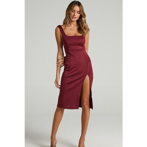 Madmext Claret Red with Straps and a Slit Detailed Midi Dress Cene