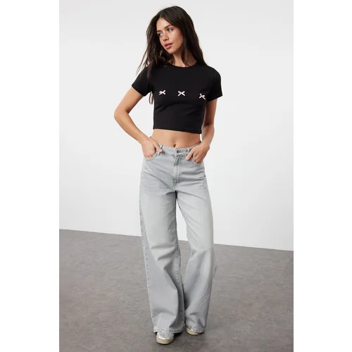 Trendyol Black Bow Detailed Crop Short Sleeve Knitted T-Shirt