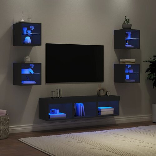 The Living Store Komplet TV omaric LED 7-delni črn inženirski les - Stenska TV Enota, (21670949) Cene