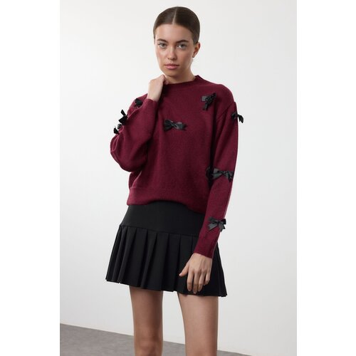 Trendyol Claret Red Soft Textured Ribbon/Bow Detailed Knitwear Sweater Slike