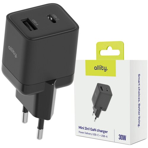 ALLITY zidni punjač GaN PD QC ATC-01-30WAC 1x USB-C 1x USB-A 30W crni Cijene