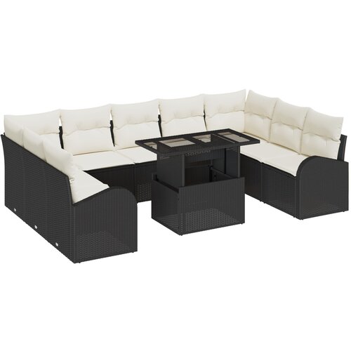 VidaXL 10 dijelni set sofe za vrt s jastučićima Crni poli ratan, 2-sjedalna sofa za vrt s pohranom i jastučićima Crni poli ratan Slike