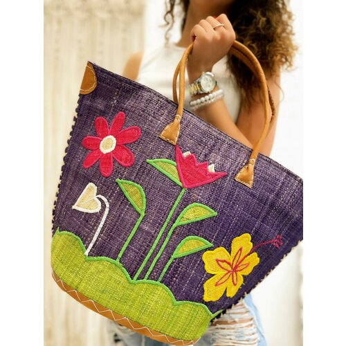 ženska pletena cvetna torba - tamno ljubičasta Slike