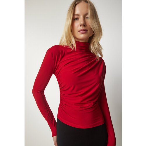  Women&amp;#039;s Red Smocking Detail Standing Collar Sandy Blouse Slike