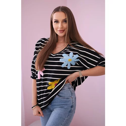Kesi Striped cotton blouse with flower black+ecru