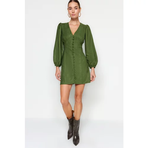 Trendyol Green Woven Dress with Balloon Sleeves, V-Neck and Buttons