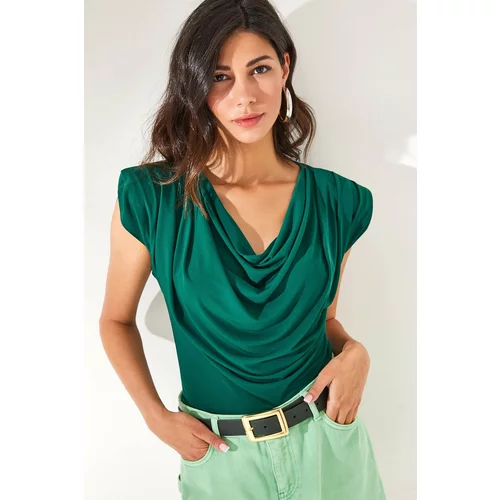 Olalook Women's Emerald Green Padded Plunging Collar Flowy Blouse