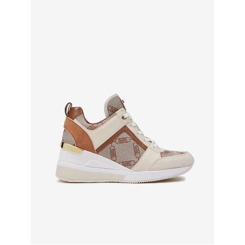 Michael Kors Brown-cream Women's Patterned Sneakers with Leather Wedge Details - Women Slike