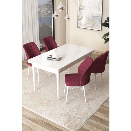 Hanah home Arp - White, Burgundy WhiteBurgundy Dining Table & Chairs Set (5 Pieces) Cene