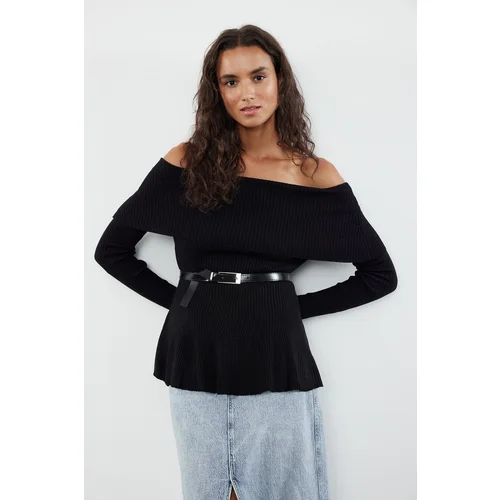 Trendyol Black Belted Carmen Collar Knitwear Sweater