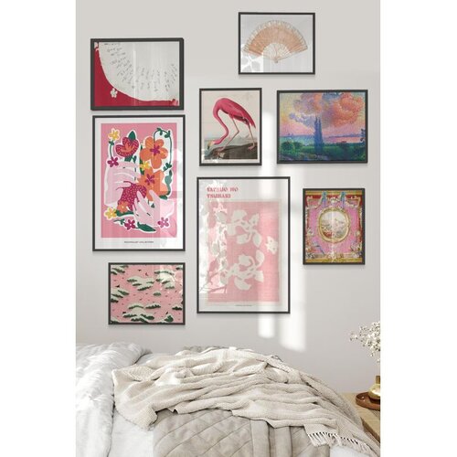 Wallxpert set od 8 uramljenih slika &Ccedil;gs-021, roze i crveni motivi &ndash; cvetovi, flamingo, lepeza i pejzaž u zalasku sunca, crni ram Cene