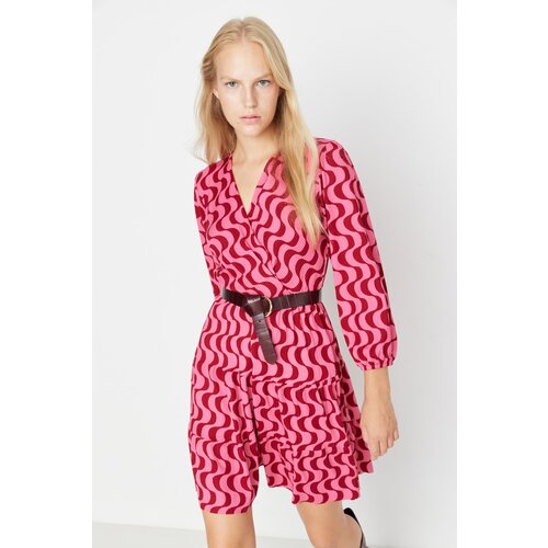 Trendyol Red Retro Printed Skater/Water Knitted Double Breasted Mini Stretch Knit Dress Slike
